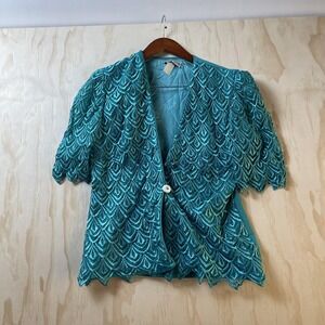 Vintage Karen Miller Blouse Womens Small Green Lace Scallop Hem Party Top
